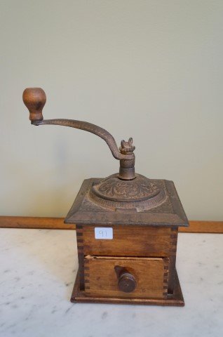 Antique Coffee Grinder: One drawer dove tailed wood and cast iron coffee grinder. 10"H