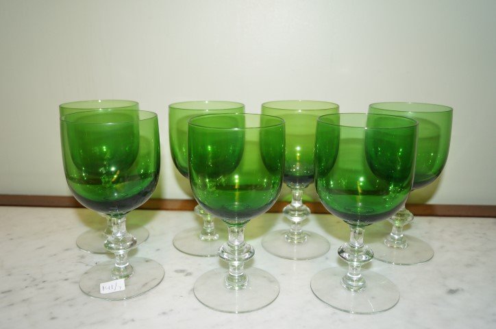 Antique Green and Clear Glass Goblets (7) (1 of 2)