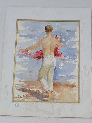 Henry Scott Tuke. Watercolor. Boy at the Beach: Watercolor. Boy at the Beach with Towel. Signed lower left H.S. Tuke. (Henry Scott Tuke British 1858-1929) 11"H. x 7 3/4"W/ `