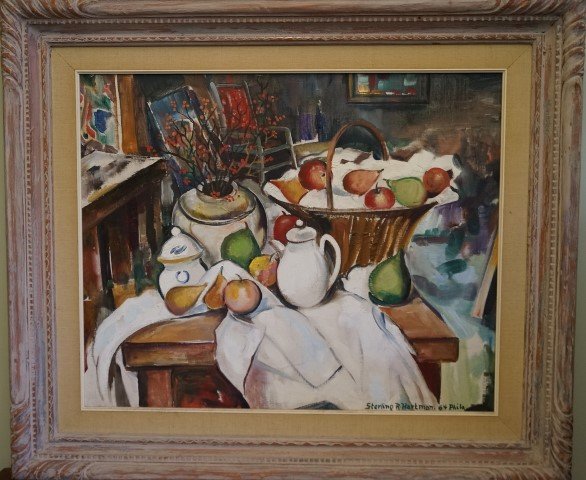 Sterling R. Hartman. 20th C.. American Oil: Oil painting on canvas board, a table still life, signed lower right and inscribed Phil. '64, 22" H. x 28" W.