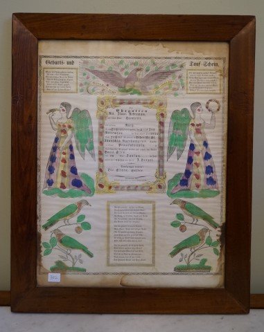 Antique German Language Fraktur: 1854 for a child born in North Hampton Township. in Pennsylvania. Watercolor and print with manuscript. Some water staining. 18"H. x 14"W