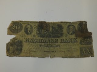Exchange Bank of Virginia 1858 Bill: Twenty Dollar Bill. Very as is