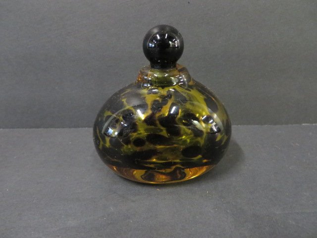 Spatterware Glass Perfume: Unusual spatterware amber and brown glass perfume bottle 3 1/4"H.