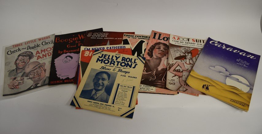 African American Sheet Music: The lot includes approx. 21 Pcs. Sheet music inc, many with excellent graphics. Ncludes an Amos and Andy one. Some shrink wrapped,