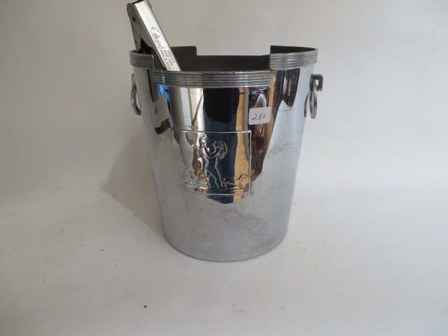 Art Deco Champagne Cooler: Probably Chase. Mark worn at the bottom. Edlund ice tong included in the lot. 9"H. x 8 1/2"D