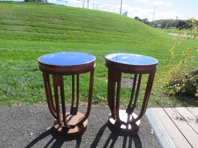 Art Deco Bentwood Tables: Art Deco tall bentwood tables with blue mirrored glass. 27"H, x 19"D.