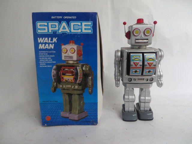 Tin Robot Toy: Battery Operated. Original Box. 12 1/2"H.