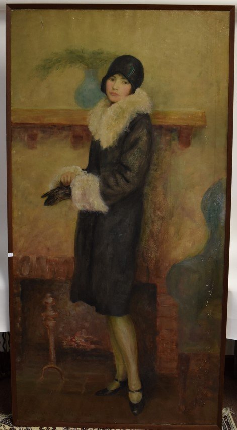 Franklin Zell Heuston. Oil. Signed: Oil on canvas,. A full length portrait of an Art Deco woman. Attired in a fashionable hat and coat of the period, standing near a fireplace. Signed lower left. Franklin Zell Heuston and dated 1929. Fr
