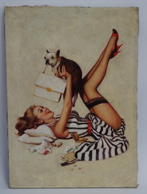 Gil Elvgren(attributed to); Oil Pin Up Illustration: Oil on canvas, Naughty Pup; 24in. X 17in.