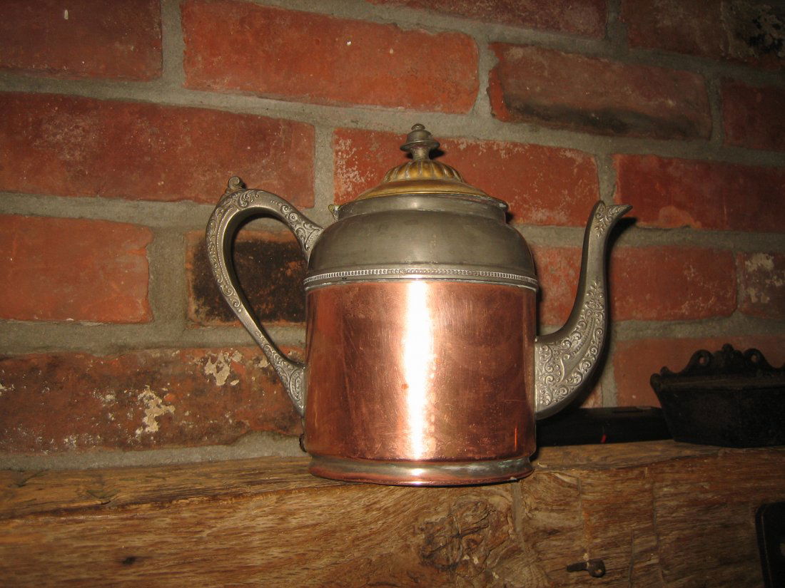 Antique Copper Fireplace Kettle: 13"H. x 18"W