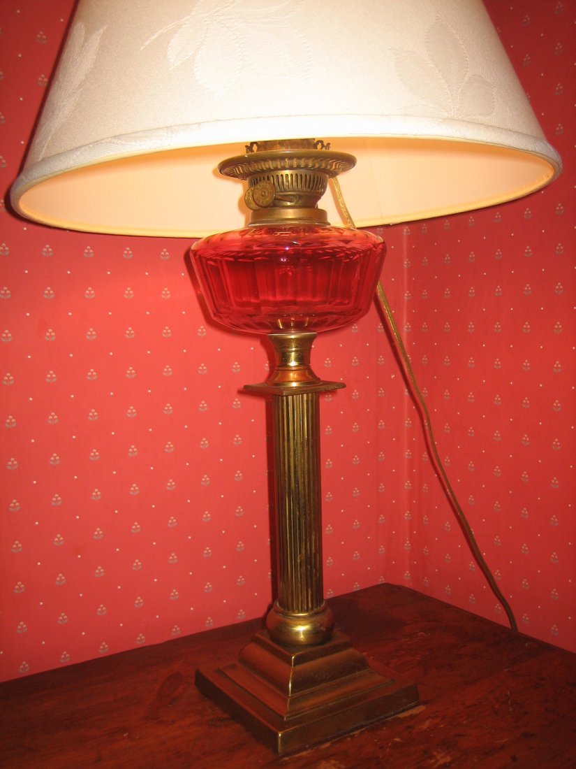 Brass and Cranberry Glass 19th C. Oil Lamp (1 of 1)
