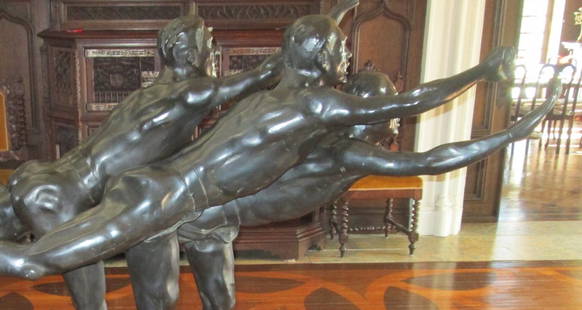 Bronze. Alfred Boucher. "Au But" Signed: Monumental three quarter life size bronze, "Au But", The Finish Line. Three men racing and stretching out for the finish line. The original bronze by Boucher was small in comparison to this bronze off