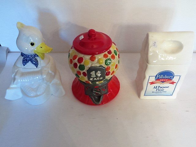 Cookie Jar Lot. (Three in the lot): Pillsbury All Purpose Flour; a Bubble Gum Machine and a Duck. 13"H. 15" and 15"H.