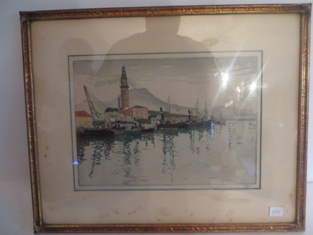 Colored Engraving, Harbor Scene Sgd. Indiscernibly (1 of 2)