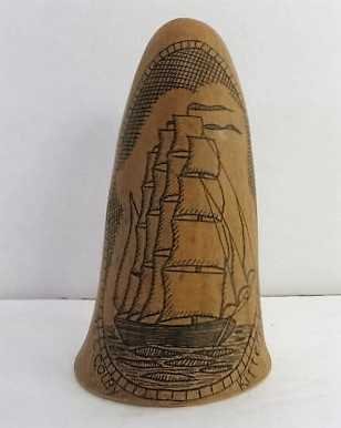 :Scrimshawed" Gourd: Clipper ship decoration. 5"H