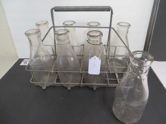 Eight Antique Milk Bottles. Carrying Case (1 of 2)