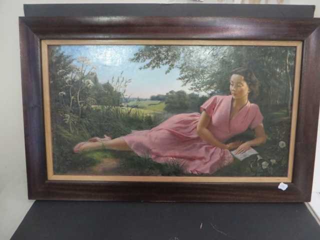 Oil on Board, Reclining Woman: Oil on board, reclining woman in a landscape setting, signed 12" x 23"