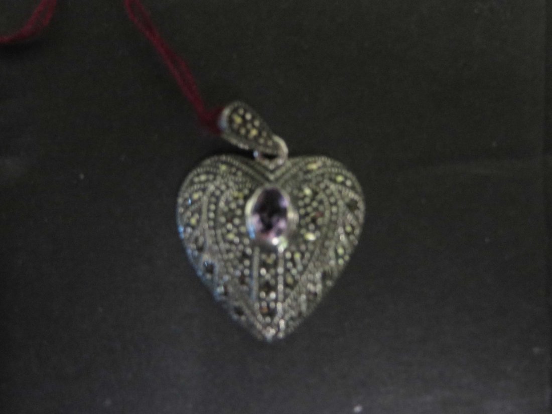 Art Deco Sterling, Marcasite Amethyst Heart: Pendant.