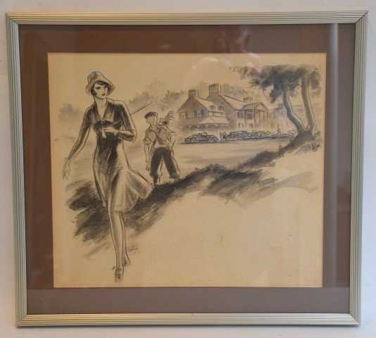 Oriignal Watercolor Illustration Signed: 20th C. American Illustration. Charcoal and watercolor. "Heading Out to the Greens" Signed with initials JW to the right and dated 1911. Gallery framed. 12/5" x 14/5"