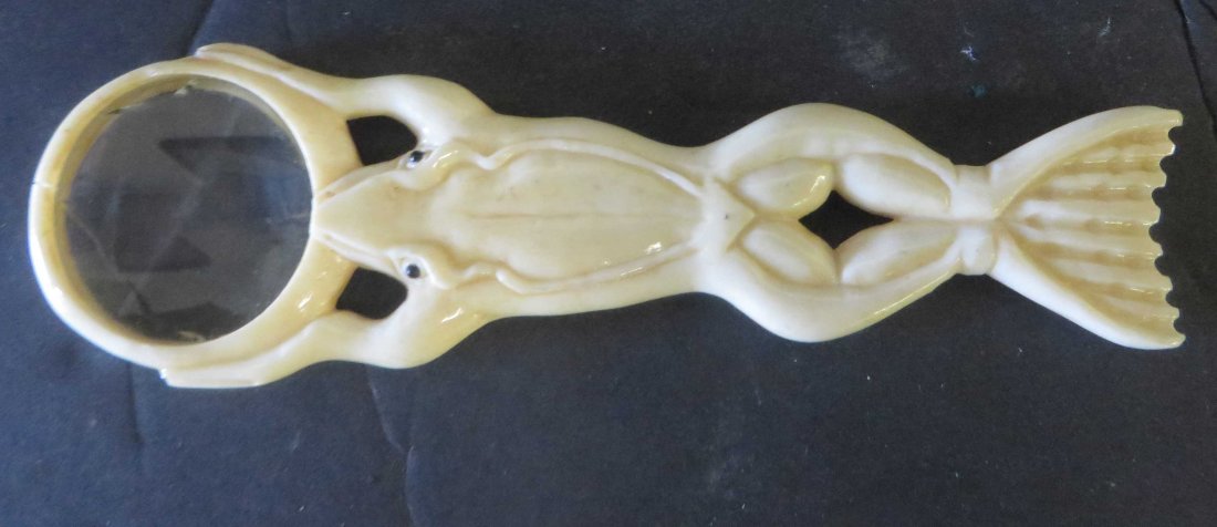 Carved Bone Frog Magnifier: (Glass has a crack)5 1/2"L