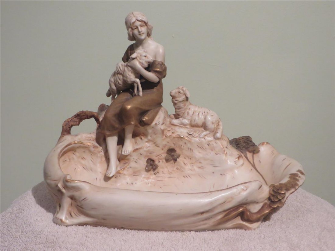 Royal Dux Planter Signed: Royal Dux Planter with girl and sheep, signed. Minor flaking. 9 1/2" x 13"