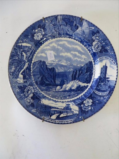 Staffordshire Pike's Peak Plate: Blue and white Staffordshire plate, "Gateway, Garden of the Gods, Colorado" The border is decorated with various titled scenes of the park, Seven Falls; COG Train at the Summit; Cave of the Winds etc.