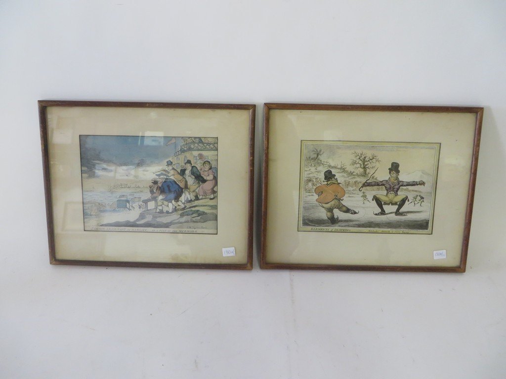 Thomas Rowlandson English Engravings(2): "Summer Amusement at Margate:, or a Peep at the Mermaids. Together with Elements of Skateing€.Attitude! Attitude is Everything!. Matted and Framed. 7"H. x 9 1/2"W. (image)