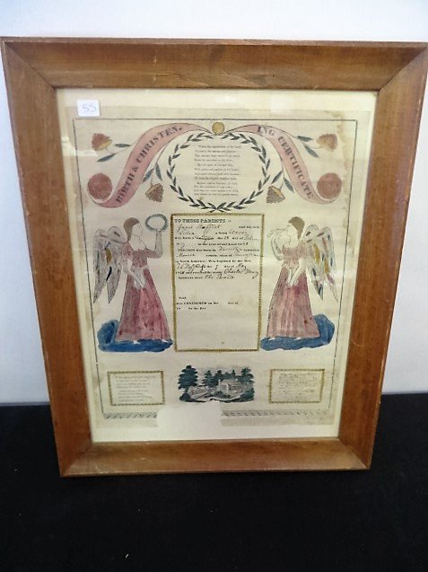 Pennsylvania Fraktur C.1848: Birth Christening Certificate. Watercolor, ink and print.Framed (Paper loss lower margin which will be visible in photograph and does not affect any of the images. 16"H. x 13"W (fraktur only)