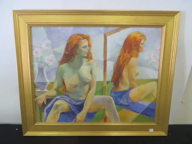 Jacques Zuccaire. Oil on Canvas: Reflections of a redhead in a mirror. Signed L. R. Jacques Zuccaire.