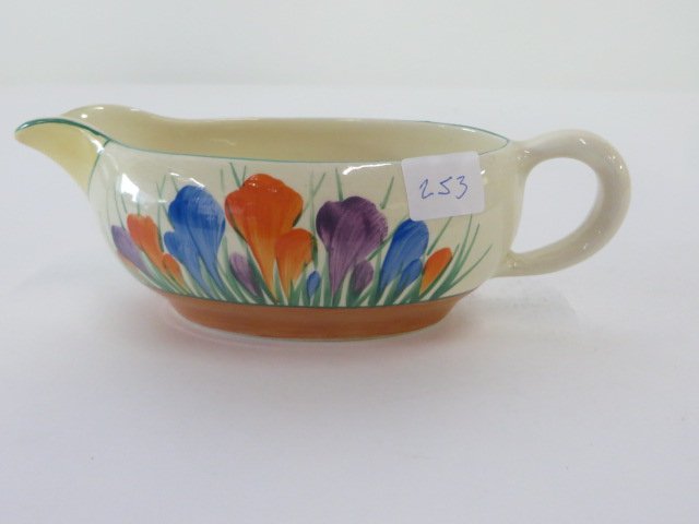 Clarice Cliff Crocus Gravy Boat: Marked Royal Staffordshire Crocus by Clarice Cliff. Made in England. 7 1/4"L. x 2 1/4"H.