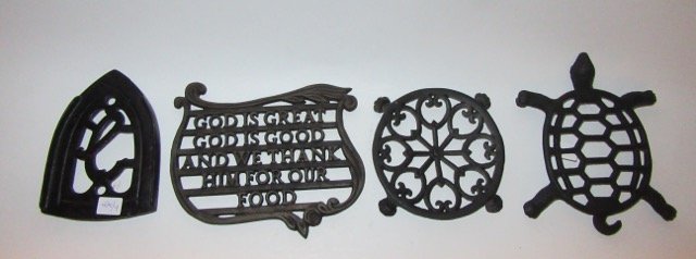 Cast Iron Trivets and Sadiron Holder (4): One marked John Wright Inc. 481; one turtle form and two others.