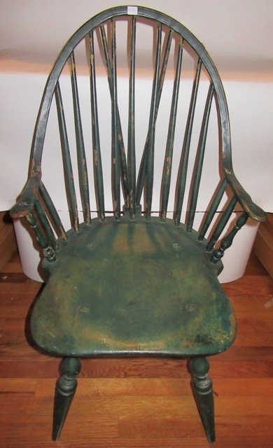Period Windsor Armchair: In blue-green paint. 37 1/4"H.
