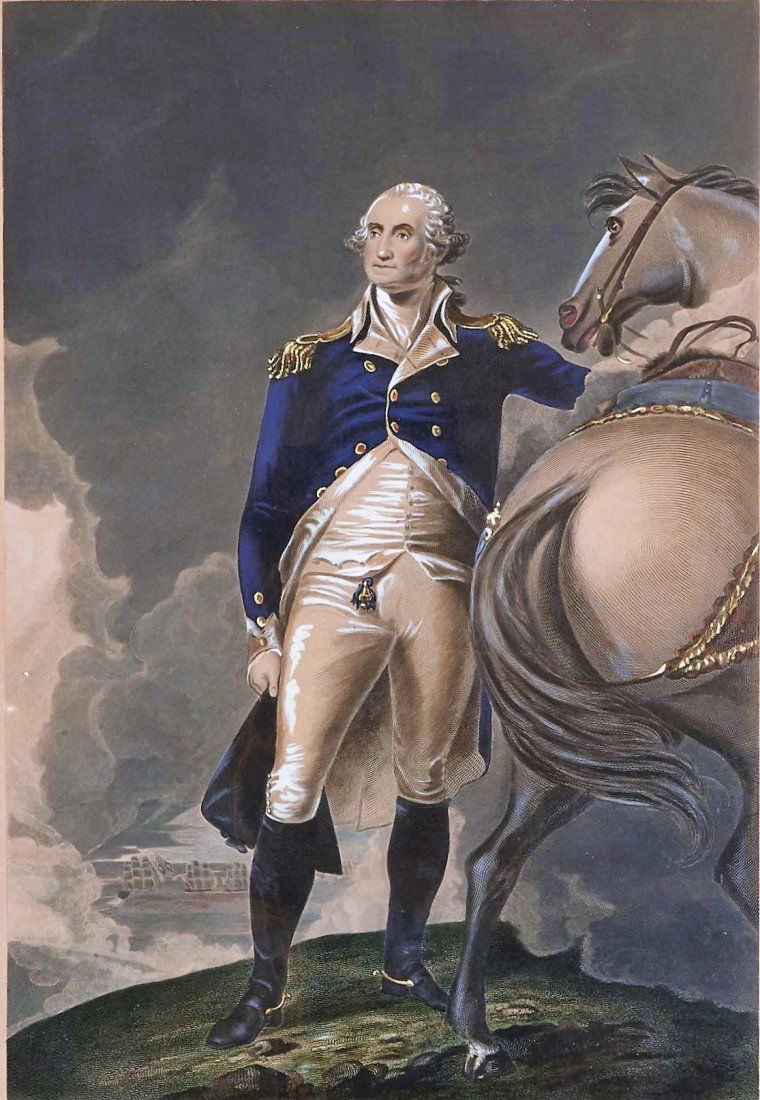 Portrait George Washington after Gilbert Stuart: Washington. From a copy by M. A. Swett. Taken from the original picture by Gilbert Stuart in Faneuil Hall Boston . Engraved by T. Kelly.The view is of The Battle of Frothingham Heights. Published by F