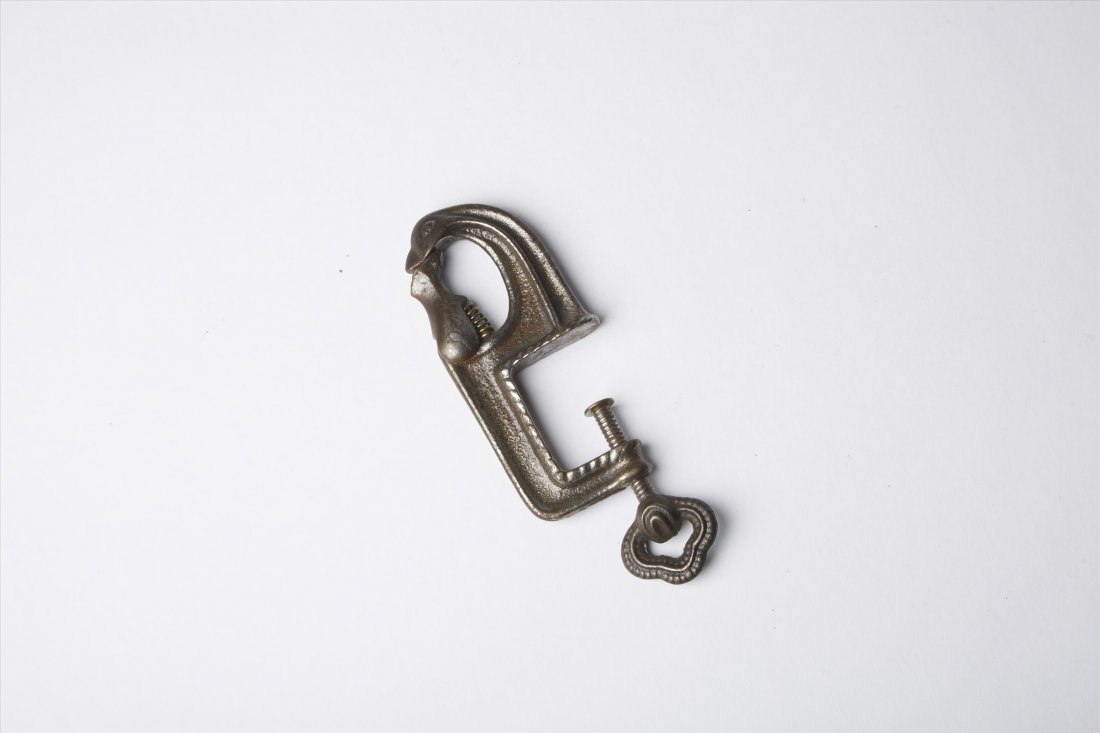 Antique Figural Sewing Clamp: Rare steel C-clamp with duck's head clamping to a boot to form the fabric holder, Refer to The Spinning Wheel Magazine, article, An Aviary of Sewing Birds, April 1953 Vol IX #4 Pgs. 24-25 Purchased at
