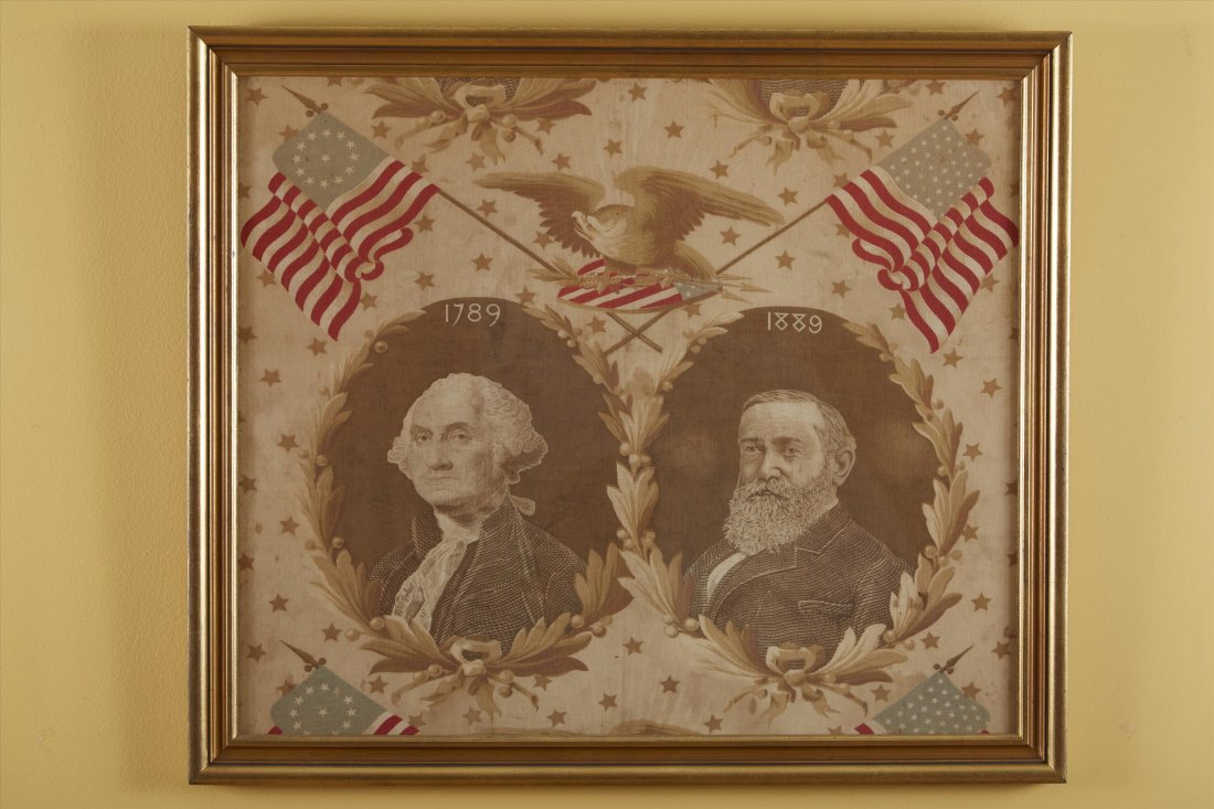 Washington Harrison Handkerchief: Wahington Harrison Cotton Textile. Depicting Harrison-Washington 1789-1889. Eagle on cream background with two American eagles . Framed. Refer "The Flag in Daily Use" from The Stars and Stripes by Bol