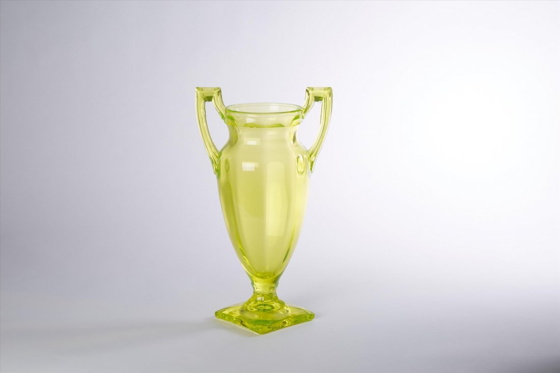 Vaseline Glass Vase: Molded. Double Handled. 11 1/2"H. 6 1/2"W.