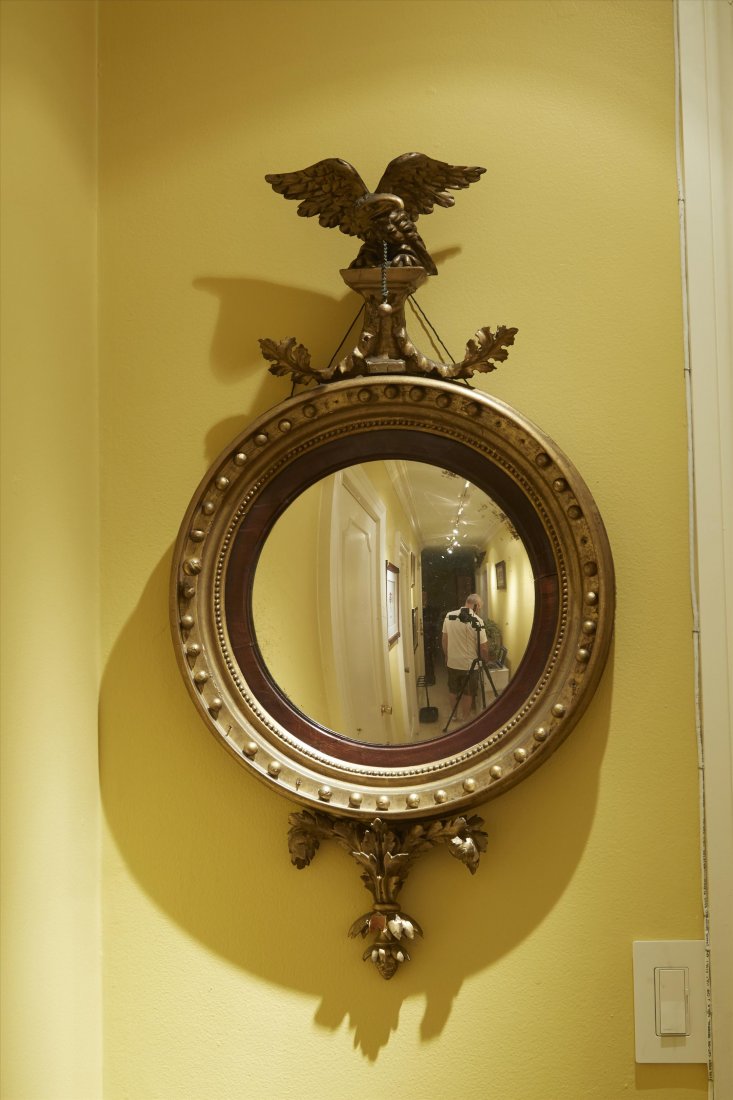 Federal Mirror Gilded Eagle Surmount: Gilded ball decorations. Photograph will show several are missing. 32"H x 17 1/2"W