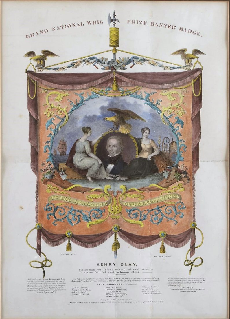 Grand National Whig Prize Banner: After William Curlett by John Gade. Grand National Whig Prize Banner Bridge. Lithograph printed in colors by Edward Weber & Co Baltimore, Md 1844. 17"H. x 12 1/2"W.Overall size 25" x 20"