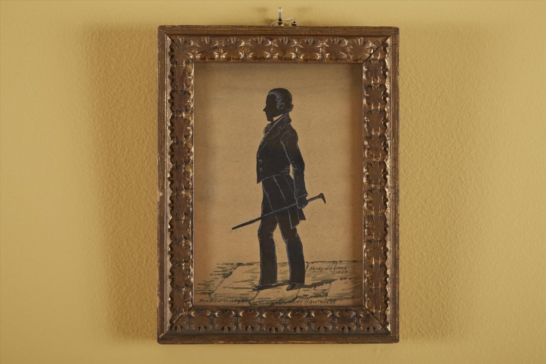 Silhouette N Hawthorne Sgd. Williams: Portrait silhouette of Nathaniel Hawthorne siged Henry Williams, probably Boston, Mass. Dated 1824. A full length rendering of the subject against a setting rendered in watercolor. For information on 