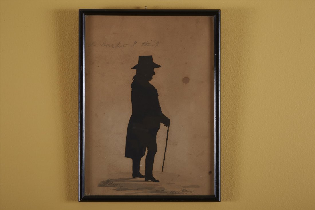 Silhouette Dr. Holyoke- Hankes C. 1828: Silhouette of Dr. Edward Holyoke by Master Hankes. C. 1828-1829. Rare full length profile of man with hat and cane. Refer: A History of American Silhouettes by Alice Van Leer Carrick. Pub. By Charles 