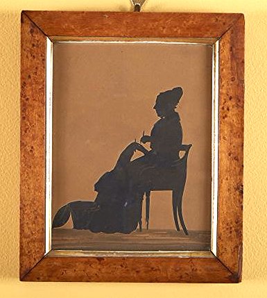 Silhouette. Seated Lady by Metford: Silhouette. Charleston silhouette of a seated lady by S. Metford. From the Maud Wilmot Collection. Birdseye Maple Frame 6 1/2" figure. Refer to "A History of American Silhouettes" by Alice Van Leer Ca