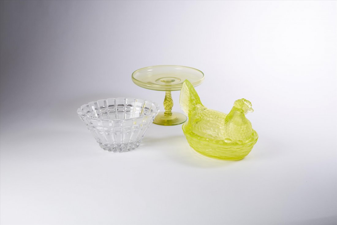 Collector's Lot of Glass inc. Cut Glass: Cut Glass bowl; Vaseline glass compote. Vaseline glass hen on nest (small nip on tail). Three items in the lot.4"h. x 7 1/4"W' 5"H. x 7"W.and 5 1/2"H. x 7"W