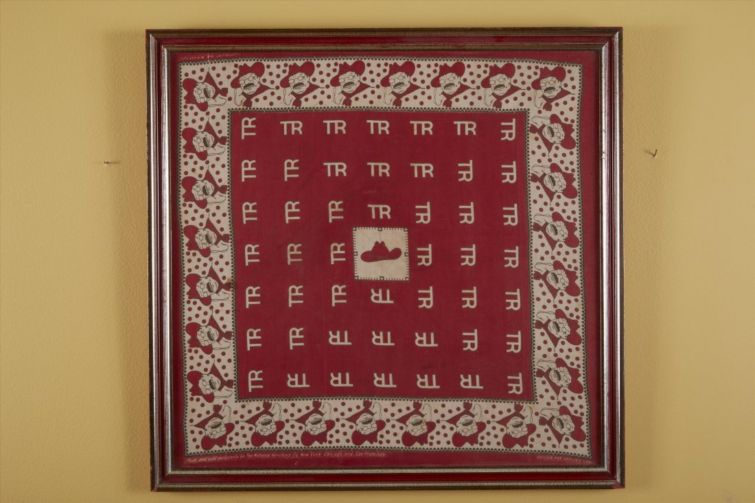 Kerchief with repeating TR & Cowboy Hat: 18"H. x 18"W. Framed size 20 1/2"H. x 21"W
