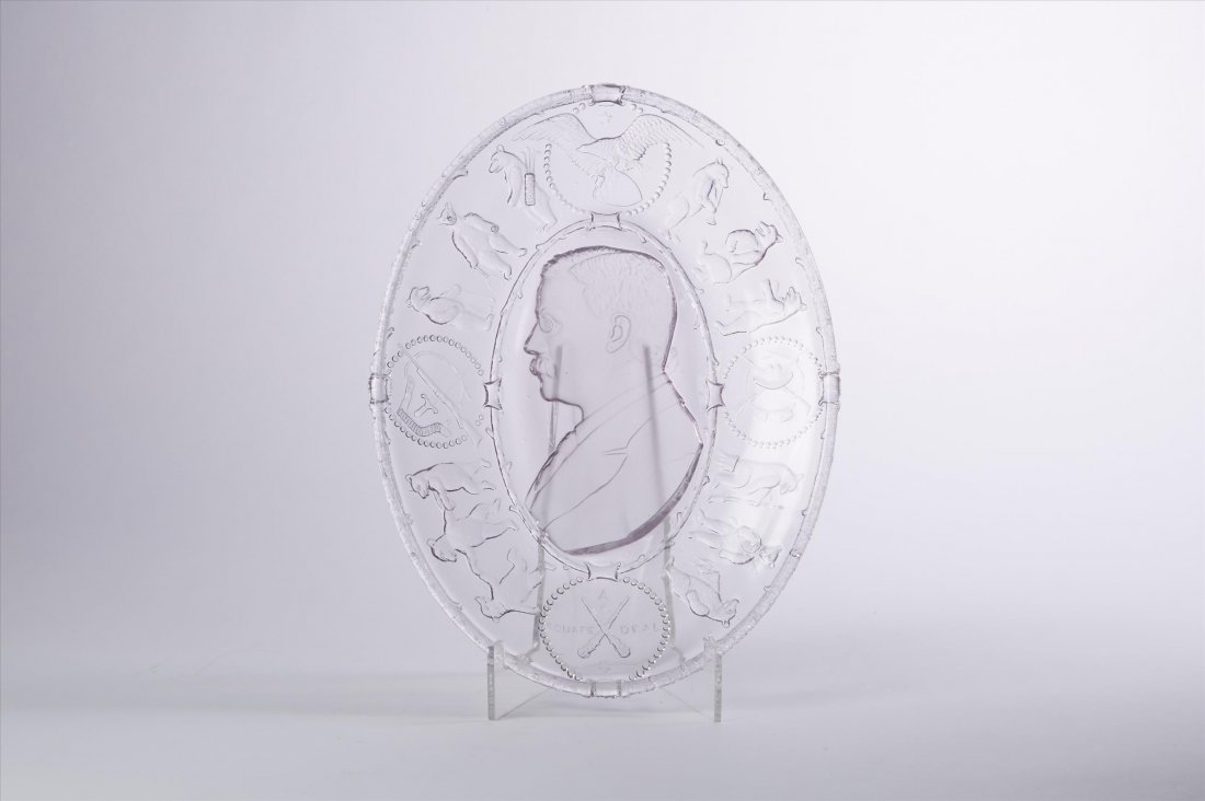 Theodore Roosevelt Platter: Oval platter. Profile bust portrait of Theodore Roosevelt. "A Square Deal". American pattern glass. Frosted portrait. 7 3/4" x 10 1/4" Refer to American Historical Glass by Lindsey Pg. 352 Plate 357. 