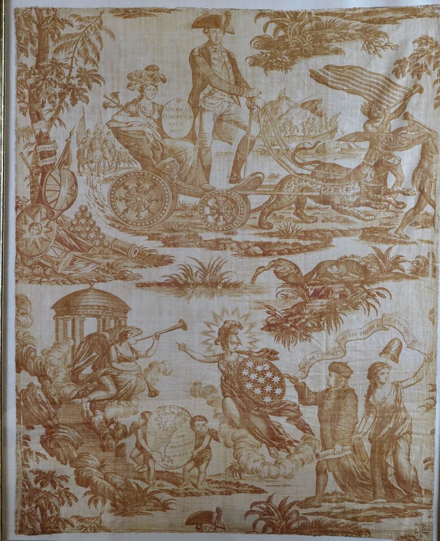 Washington and Franklin Textile C. 1800: Cotton textile.Red and White copper printed toile de jouy The Apotheosis of Franklin or Washington and Franklin, C. 1800. Ref: Treasury of American Design, Hornung. Pub. By Abramas. Vol II, plate 2105