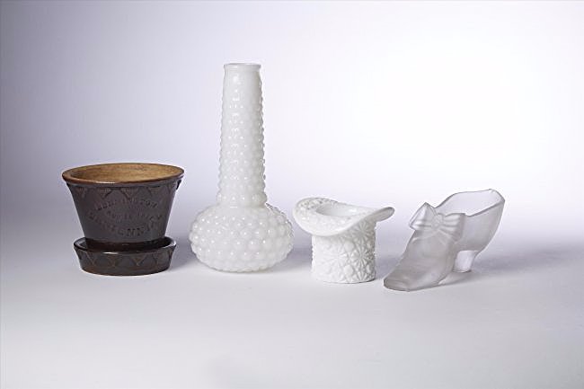 Bennington Centennial Pot and Other (4): Milk glass vase, top hat toothpick holder in the Daisy and Button pattern; a frosted glass shoe and a pottery flower pot with underplate marked Bennington Centennial Aug. 10 1877 Varying sizes.2 1/2"H