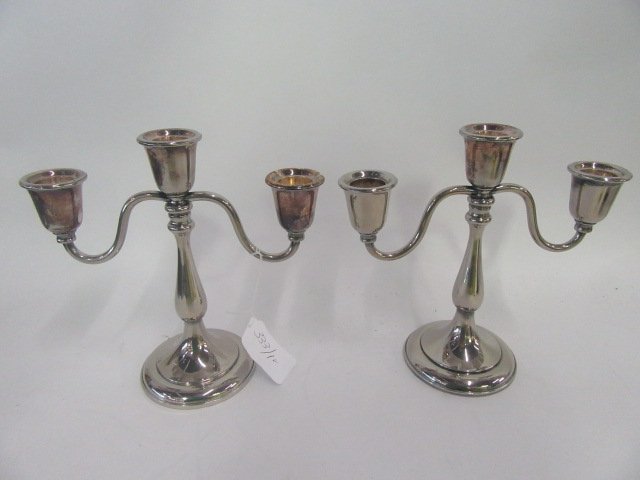 Pr. Silver Plate Candelabra: Pair of silverplated triple branched candleabra 9 1/2"H