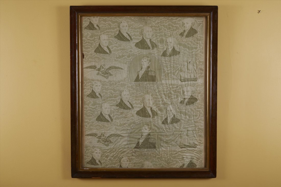 Historical Textile. Andrew Jackson: Historical Textile. Andrew Jackson at center. "Magnanimous in Peace. Victorious in War" The US from 3/4/1829 to Supreme Commander of the Army & Navy President of the US. Framed. 35 1/2"H. x 30"W
