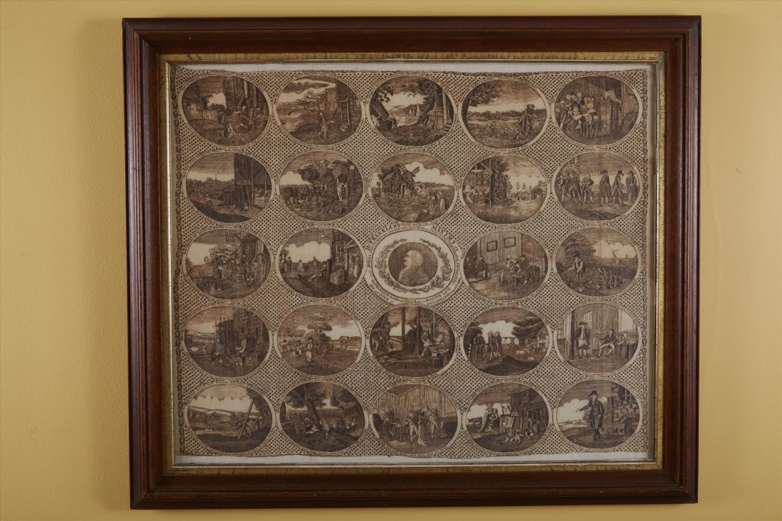 Historical Textile. Benjamin Franklin: B. Franklin. Maxm's or Moral. Pictures for the Young and Old on Industrial Temperance, Frugality. Dr. Franklin LLD and FRSB. Born at Boston Jan. 13, 1706 and Died at Phil. April 17, 179. Framed. Label