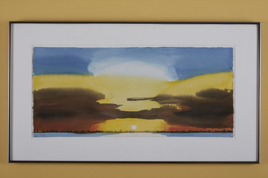 Emilio Sanchez. Hudson Sunset. Signed: Watercolor. "Sunset Over the Hudson" Sgd. ES lower left. Matted and framed 16"H. x 25"W
